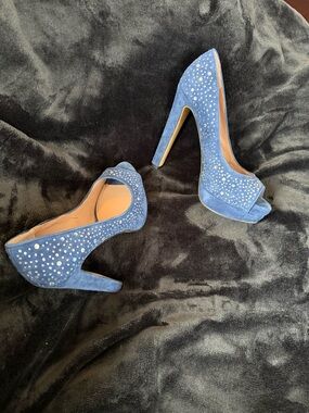 Vince Camuto Blue Suede Crystal-Stud Peep-Toe Pumps